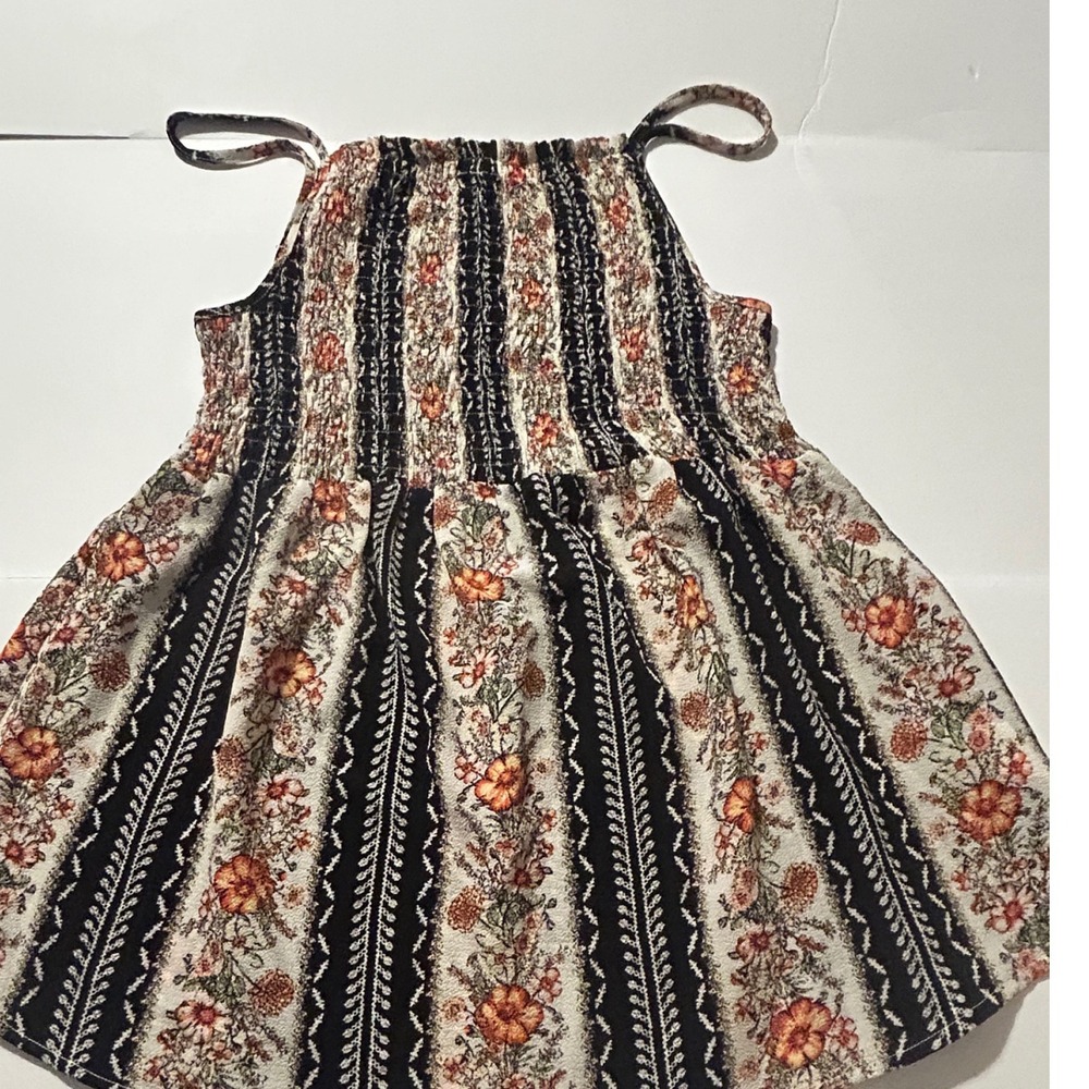 Monteau Los Angeles Women XL Floral Striped Smocked Peplum Top Black Orange